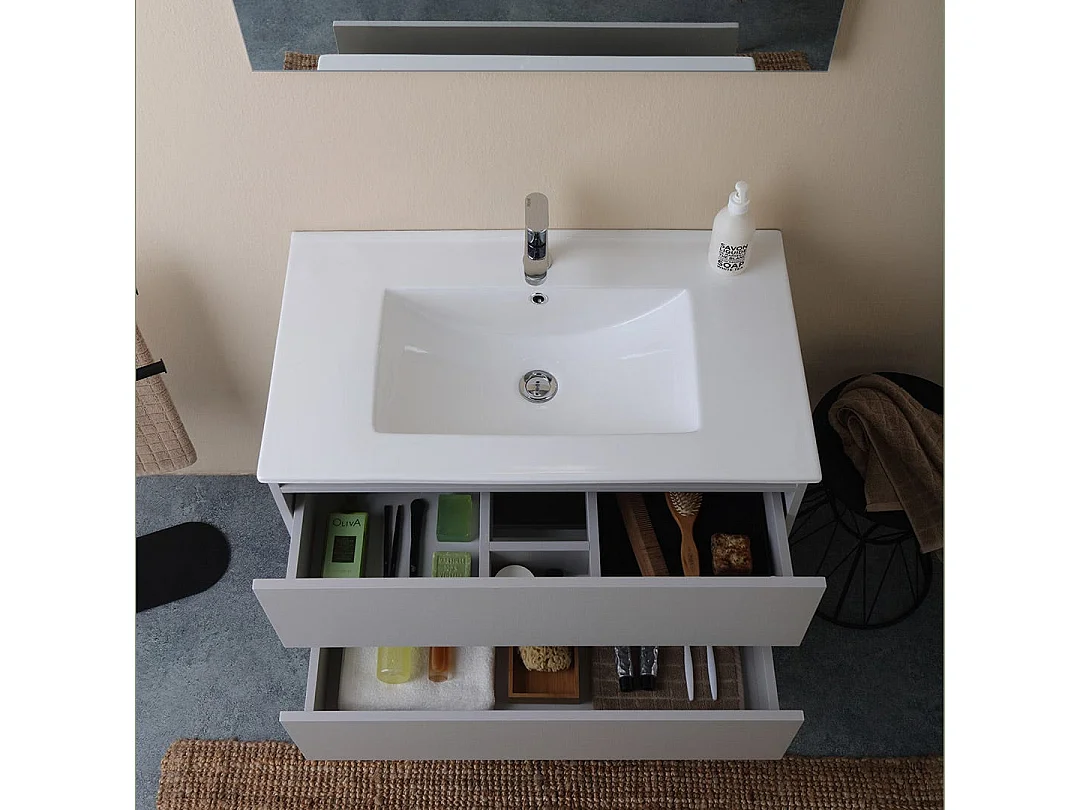 Meuble De Salle De Bain Suspendu 80 Cm Blanc Bois Avec Miroir 80X60 | Barcellona