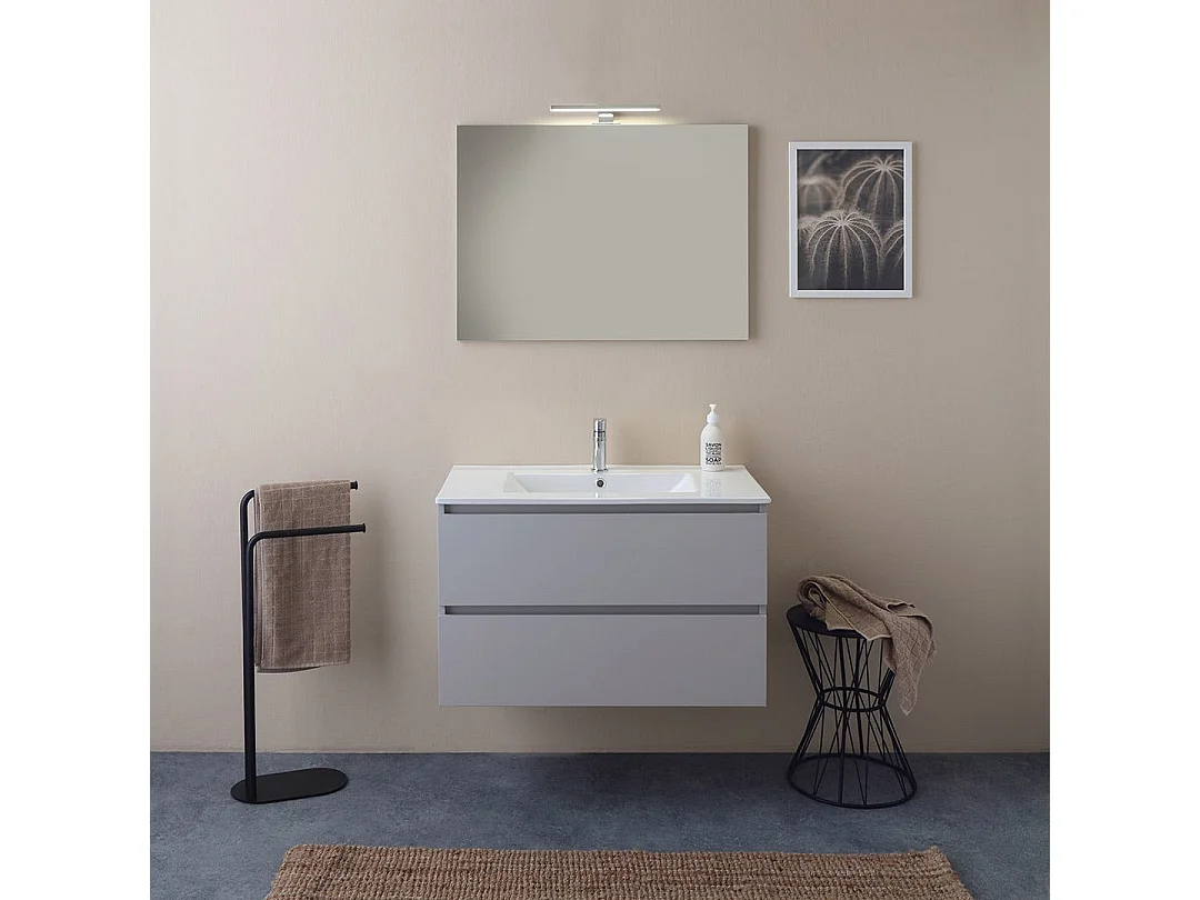 Meuble De Salle De Bain Suspendu 80 Cm Blanc Bois Avec Miroir 80X60 | Barcellona