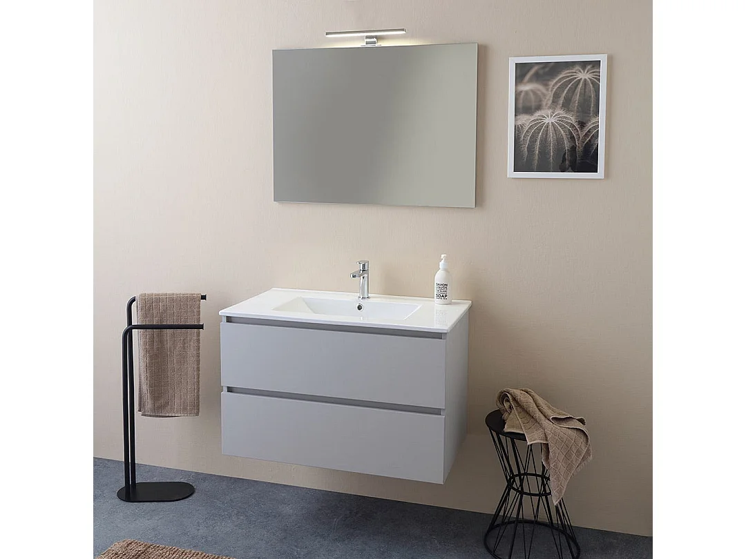 Meuble De Salle De Bain Suspendu 80 Cm Blanc Bois Avec Miroir 80X60 | Barcellona