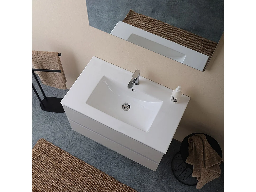 Meuble De Salle De Bain Suspendu 80 Cm Blanc Bois Avec Miroir 80X60 | Barcellona