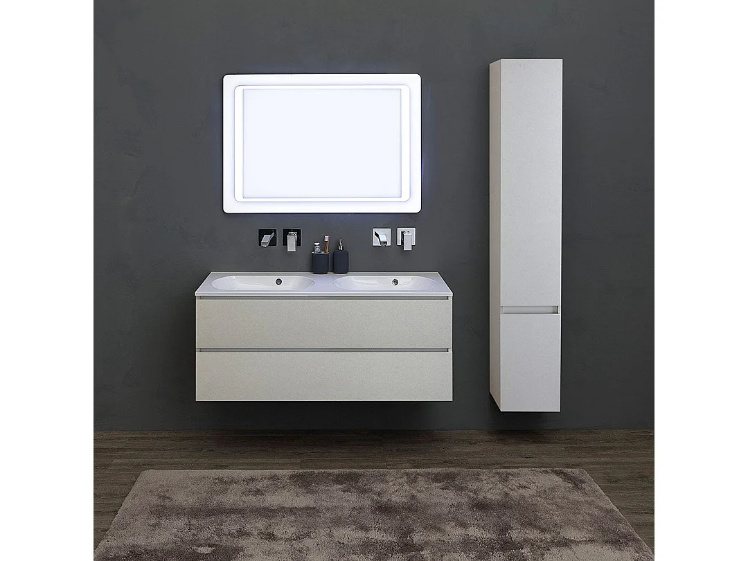 Meuble De Salle De Bains 120Cm Gris Perle Avec Double Vasque Et Colonne | Valentina