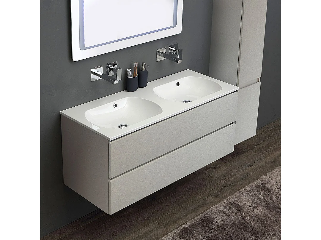 Meuble De Salle De Bains 120Cm Gris Perle Avec Double Vasque Et Colonne | Valentina
