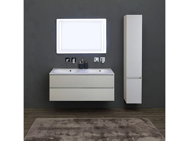 Meuble De Salle De Bains 120Cm Gris Perle Avec Double Vasque Et Colonne | Valentina