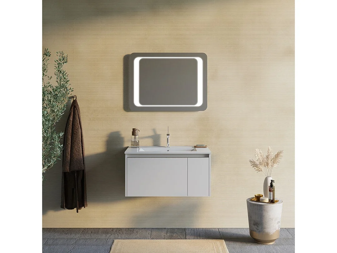 Armoire De Toilette Murale 80Cm Gris Mat Avec Miroir 60X80 Led  | Monaco