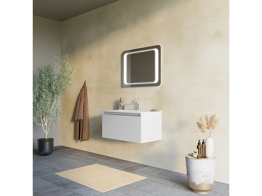 Armoire De Toilette Murale 80Cm Gris Mat Avec Miroir 60X80 Led  | Monaco