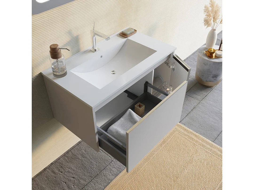 Armoire De Toilette Murale 80Cm Gris Mat Avec Miroir 60X80 Led  | Monaco