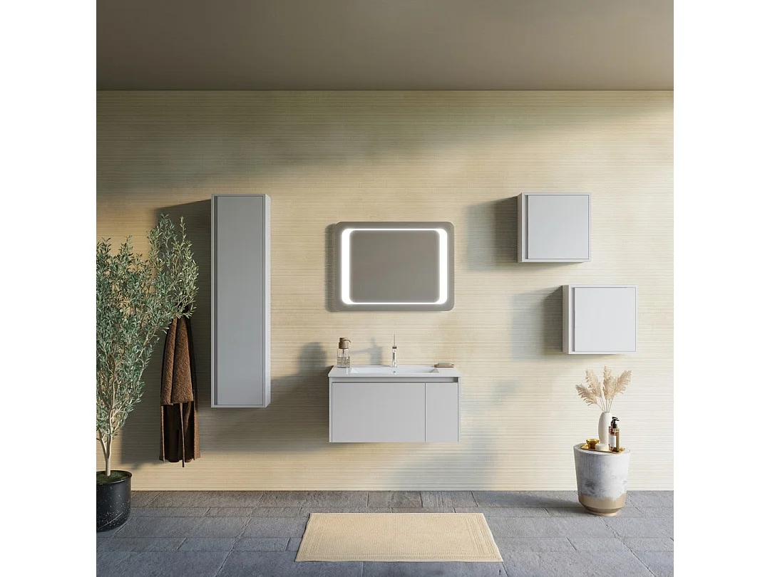 Armoire De Toilette Murale 80Cm Gris Mat Avec Miroir 60X80 Led  | Monaco