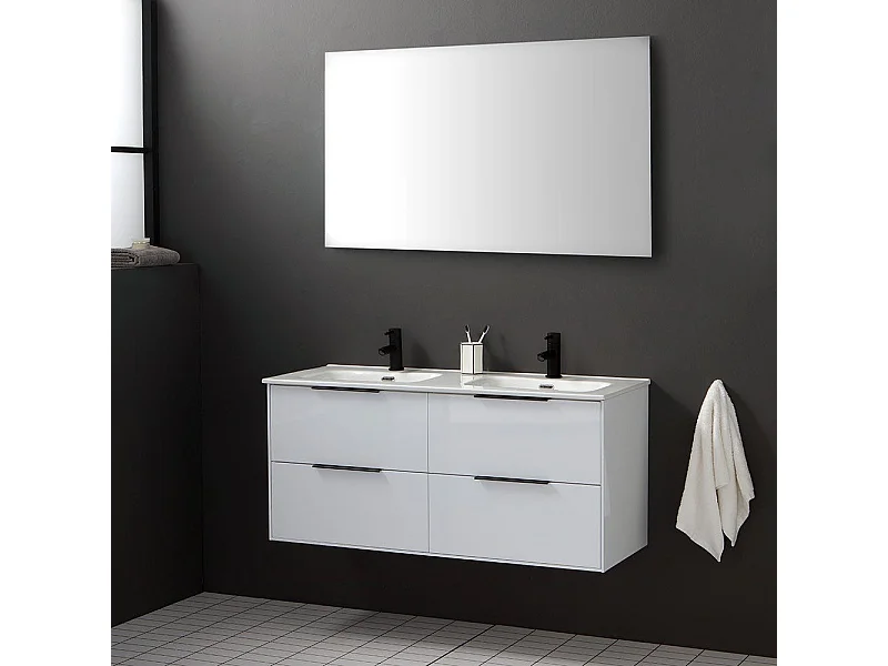 Meuble De Salle De Bain Suspendu 120Cm En Blanc Brillant Avec Poignée En Noir Mat | Parigi