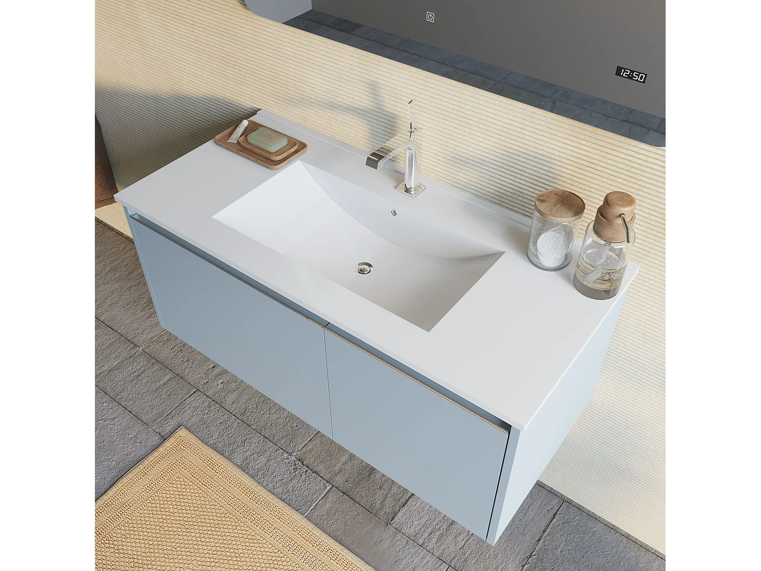 Composition De Salle De Bains Suspendue 100Cm Bleu Clair Mat, Lavabo En Céramique | Monaco