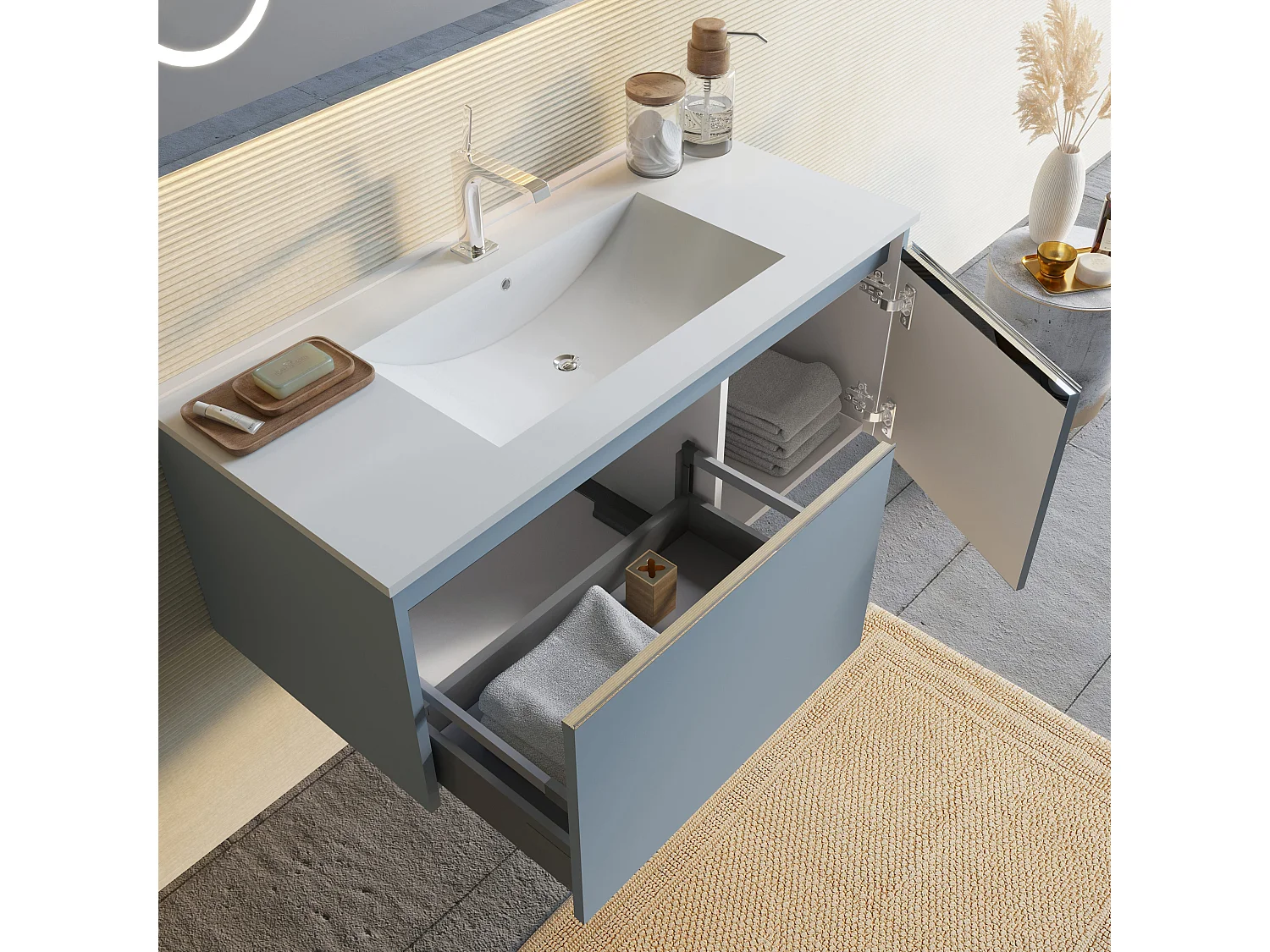 Composition De Salle De Bains Suspendue 100Cm Bleu Clair Mat, Lavabo En Céramique | Monaco