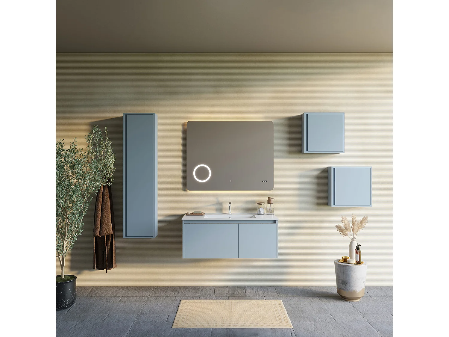Composition De Salle De Bains Suspendue 100Cm Bleu Clair Mat, Lavabo En Céramique | Monaco
