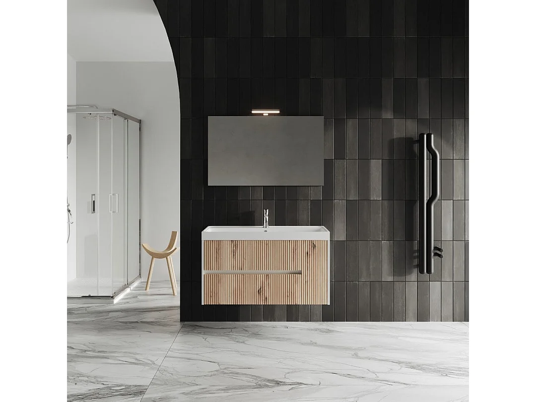 Mobilier De Salle De Bain 100Cm En Chêne Doré Canetté Et Miroir 100X60 | Cortina