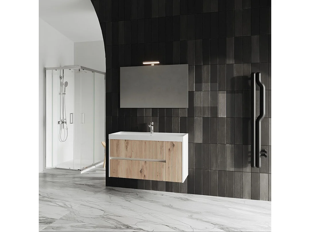 Mobilier De Salle De Bain 100Cm En Chêne Doré Canetté Et Miroir 100X60 | Cortina