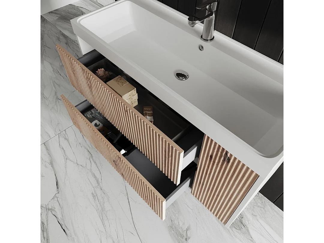 Mobilier De Salle De Bain 100Cm En Chêne Doré Canetté Et Miroir 100X60 | Cortina