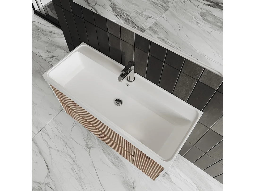 Mobilier De Salle De Bain 100Cm En Chêne Doré Canetté Et Miroir 100X60 | Cortina