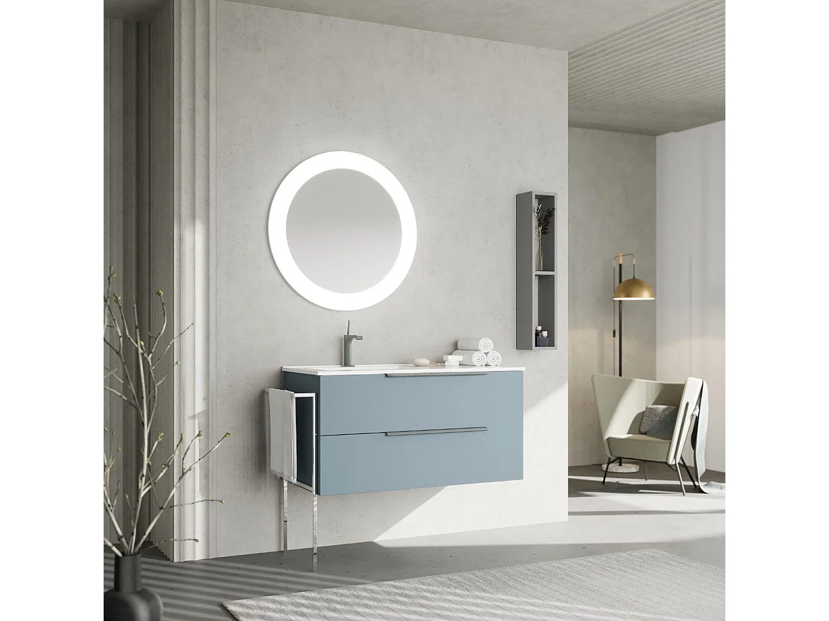 Meuble De Salle De Bains Mural 100Cm Bleu Ciel, Miroir, Porte-Serviettes Chromé  | New York