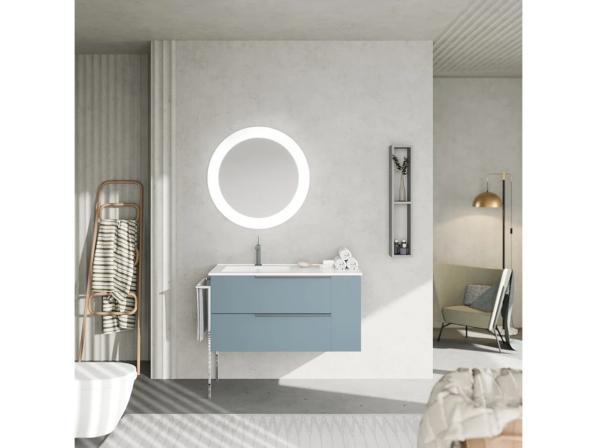 Meuble De Salle De Bains Mural 100Cm Bleu Ciel, Miroir, Porte-Serviettes Chromé  | New York