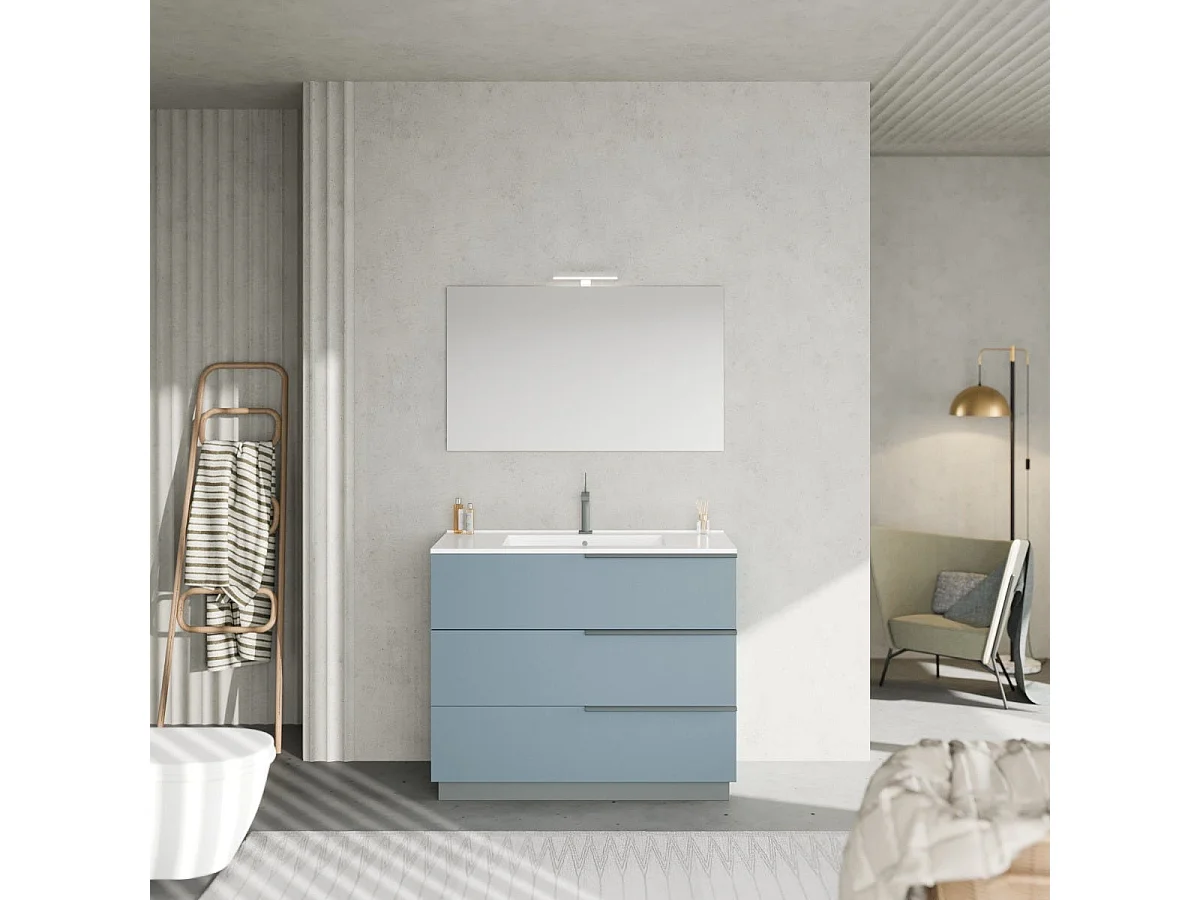 Meuble De Salle De Bain Sur Pied 100Cm Bleu Ciel, Miroir 100X60 Avec Lampe | New York