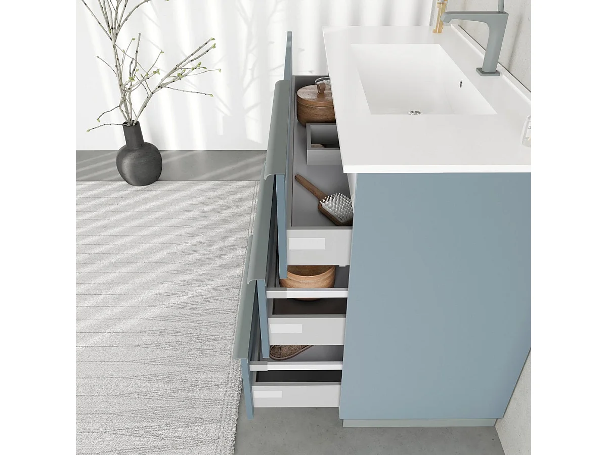 Meuble De Salle De Bain Sur Pied 100Cm Bleu Ciel, Miroir 100X60 Avec Lampe | New York