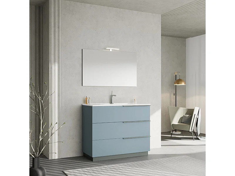 Meuble De Salle De Bain Sur Pied 100Cm Bleu Ciel, Miroir 100X60 Avec Lampe | New York