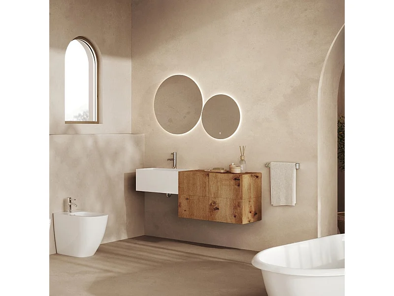 Meuble Salle De Bain Suspendu 140Cm Lavabo Blanc Et 4 Tiroirs Chêne Doré | Rodi