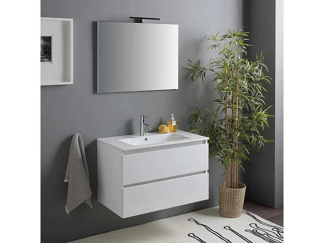 Meuble De Salle De Bain Suspendu Blanc Brillant 80Cm 2 Tiroirs | Benaco