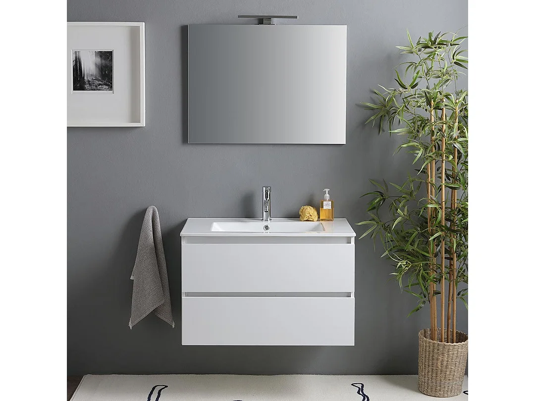 Meuble De Salle De Bain Suspendu Blanc Brillant 80Cm 2 Tiroirs | Benaco