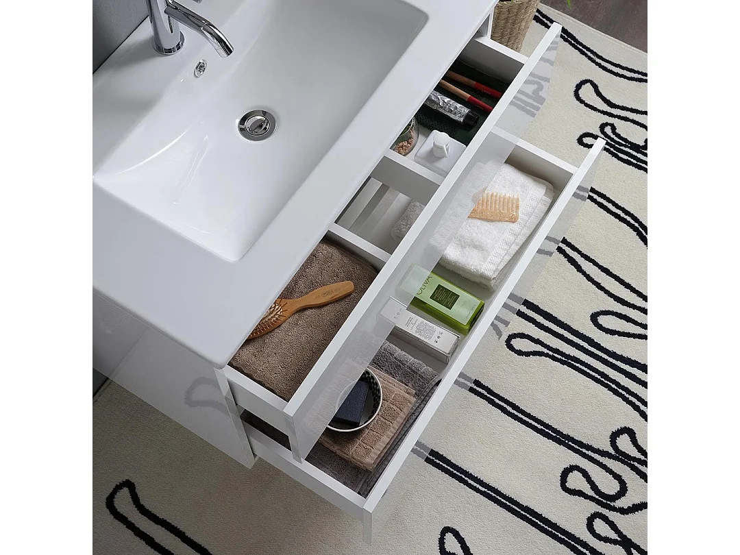 Meuble De Salle De Bain Suspendu Blanc Brillant 80Cm 2 Tiroirs | Benaco