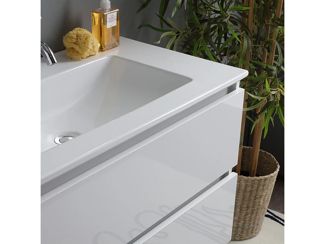 Meuble De Salle De Bain Suspendu Blanc Brillant 80Cm 2 Tiroirs | Benaco