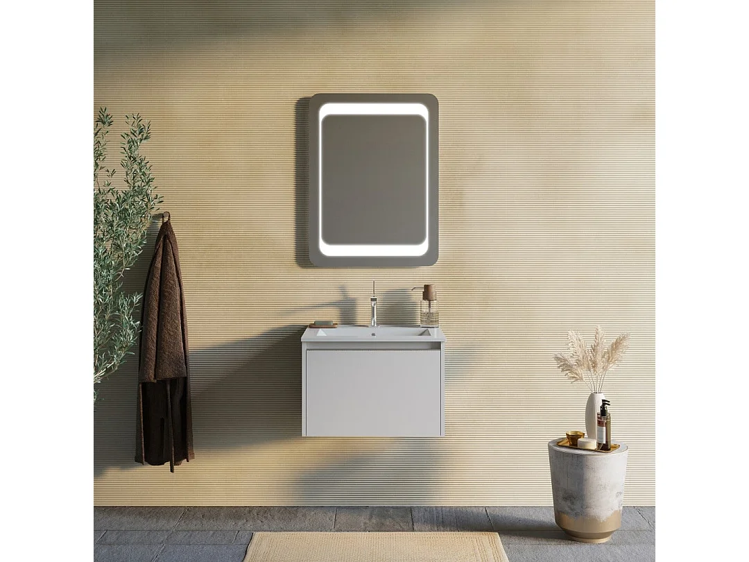Gris Clair Mat 60Cm Armoire De Salle De Bain, Lavabo Et Miroir 60X80 | Monaco