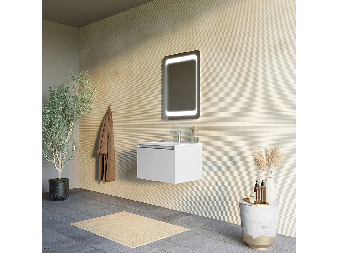 Gris Clair Mat 60Cm Armoire De Salle De Bain, Lavabo Et Miroir 60X80 | Monaco