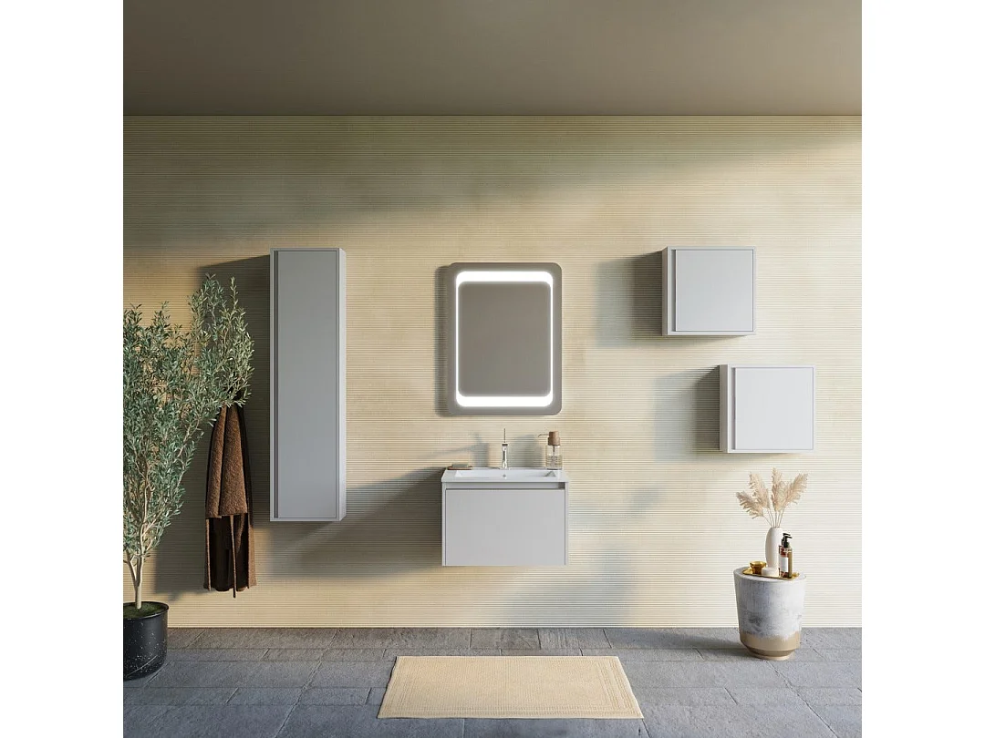 Gris Clair Mat 60Cm Armoire De Salle De Bain, Lavabo Et Miroir 60X80 | Monaco