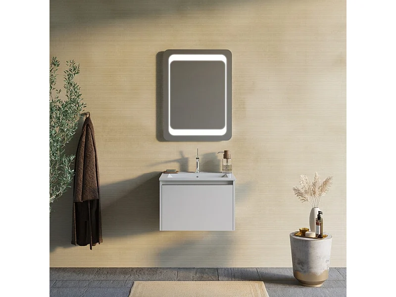 Gris Clair Mat 60Cm Armoire De Salle De Bain, Lavabo Et Miroir 60X80 | Monaco