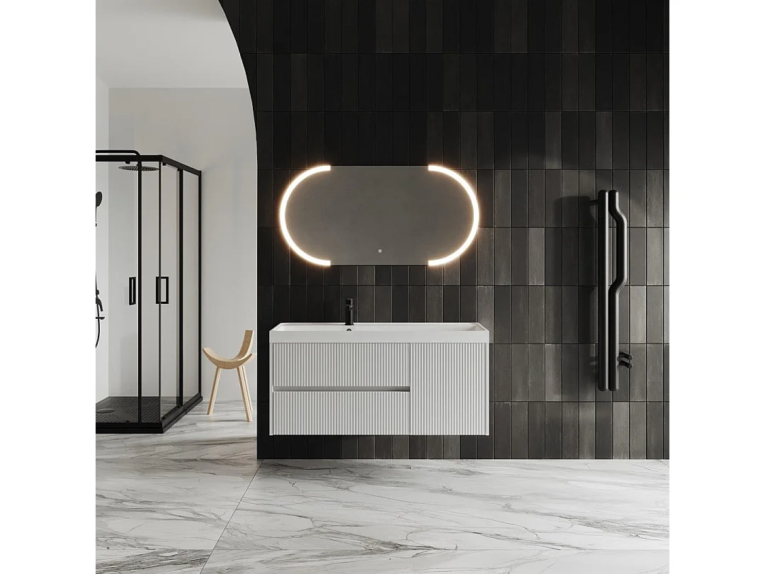 Meuble De Salle De Bain Blanc Mat Cannelé 120Cm Miroir À Led | Cortina