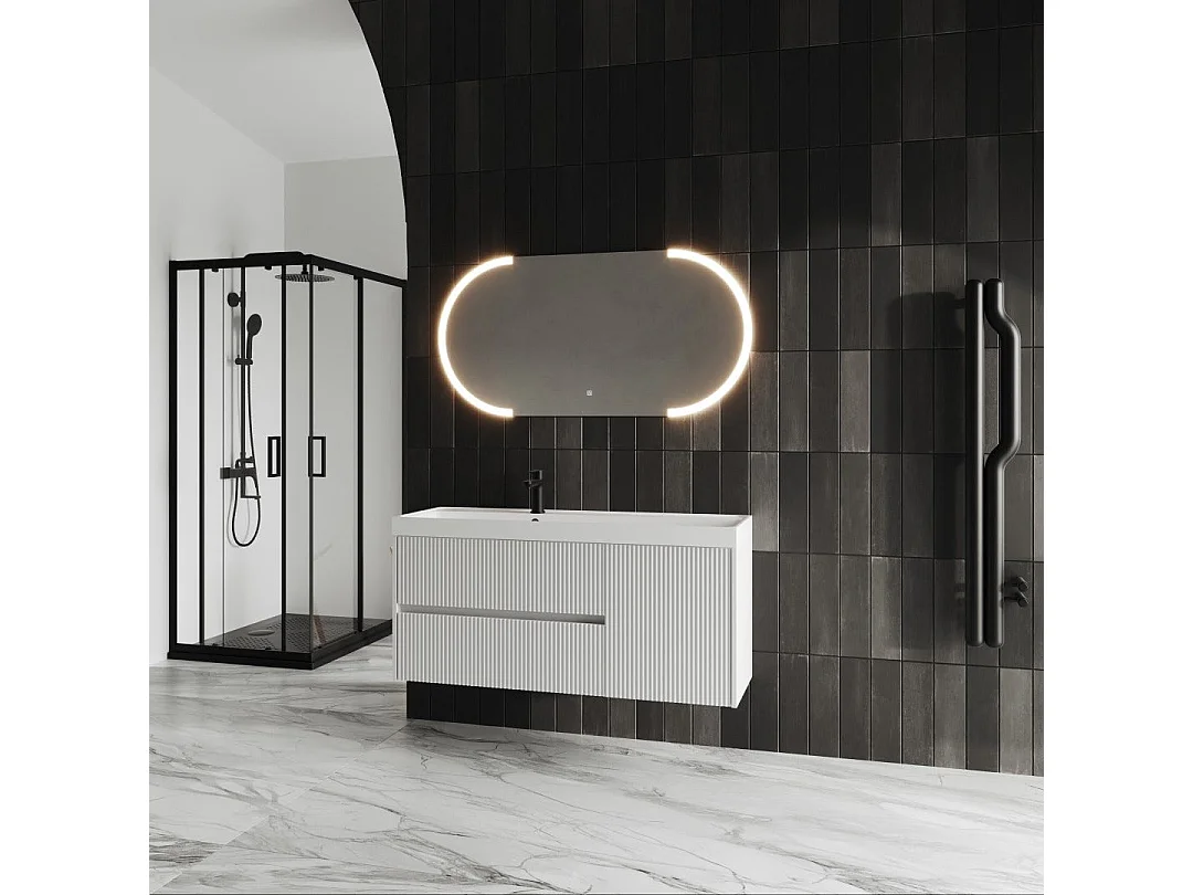 Meuble De Salle De Bain Blanc Mat Cannelé 120Cm Miroir À Led | Cortina