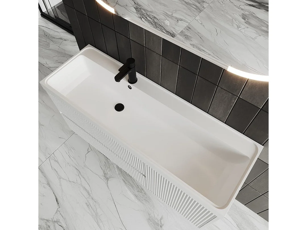 Meuble De Salle De Bain Blanc Mat Cannelé 120Cm Miroir À Led | Cortina