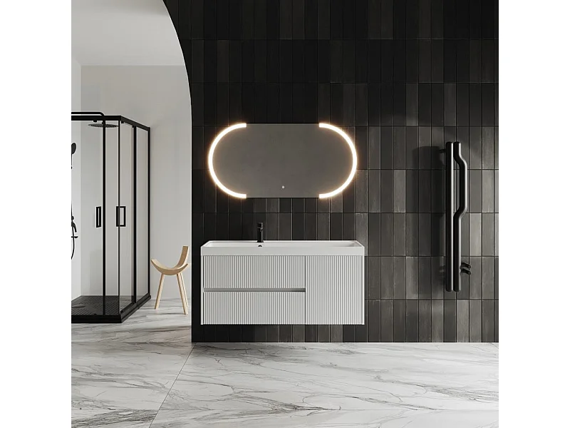 Meuble De Salle De Bain Blanc Mat Cannelé 120Cm Miroir À Led | Cortina