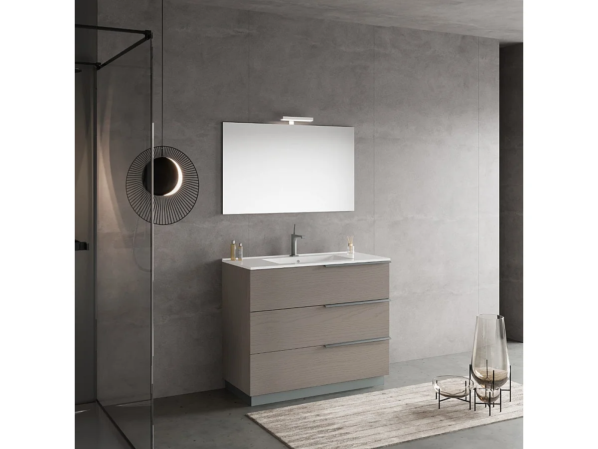 Meuble De Salle De Bain Sur Pied 100Cm Gris Avec Lavabo, Miroir 100X60 | New York