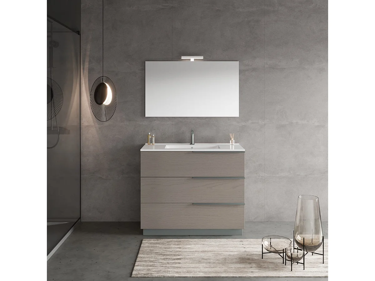 Meuble De Salle De Bain Sur Pied 100Cm Gris Avec Lavabo, Miroir 100X60 | New York