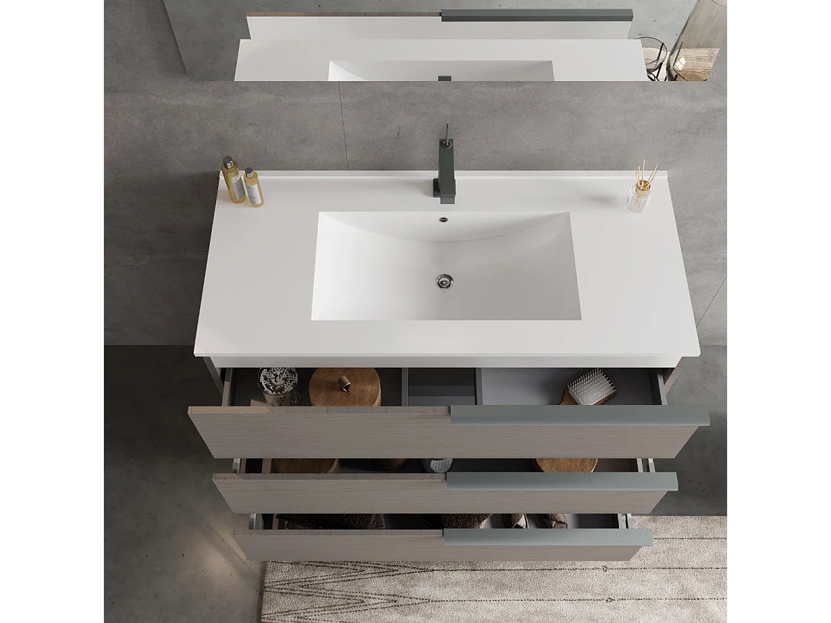 Meuble De Salle De Bain Sur Pied 100Cm Gris Avec Lavabo, Miroir 100X60 | New York