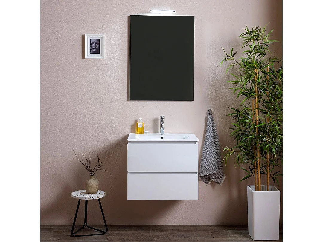 Meuble Salle De Bains Suspendu 60 Cm Gain De Place Blanc Effet Bois | Berlin