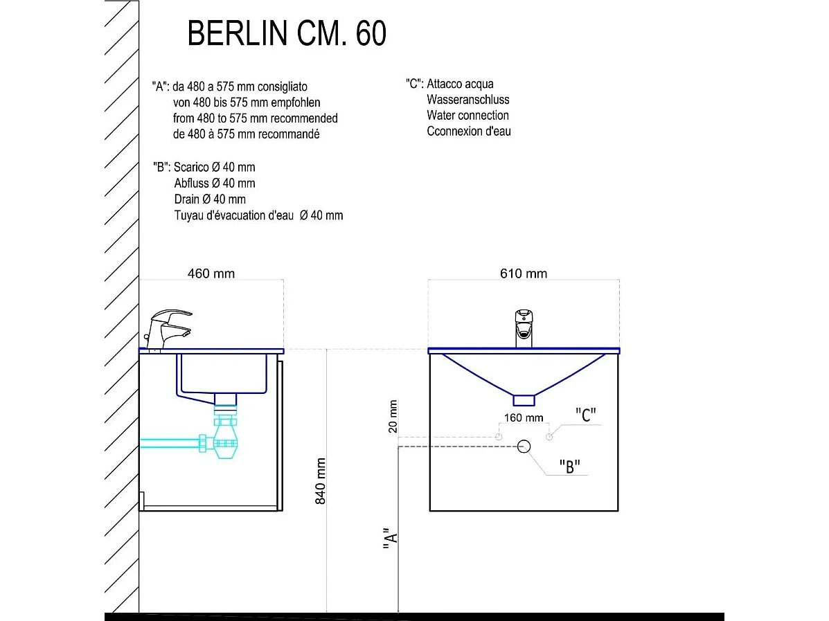 Meuble Salle De Bains Suspendu 60 Cm Gain De Place Blanc Effet Bois | Berlin