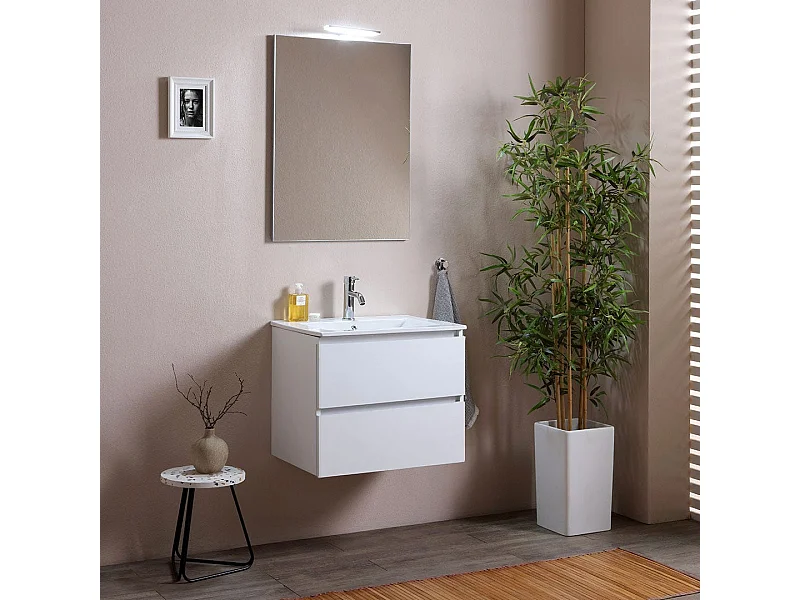 Meuble Salle De Bains Suspendu 60 Cm Gain De Place Blanc Effet Bois | Berlin