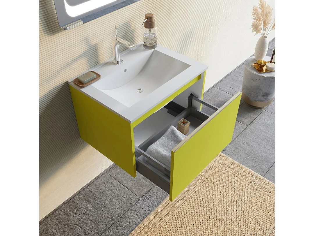 Meuble De Salle De Bains Vert Olive 60 Cm, Lavabo En Céramique Et Miroir | Monaco