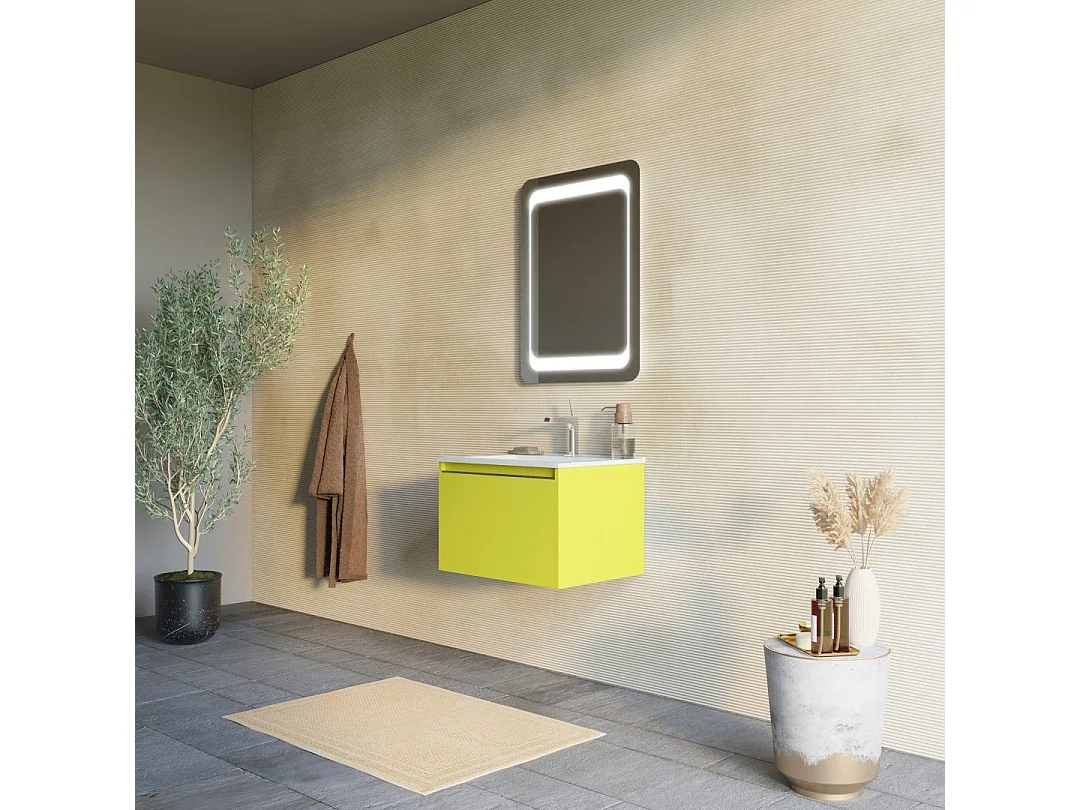 Meuble De Salle De Bains Vert Olive 60 Cm, Lavabo En Céramique Et Miroir | Monaco