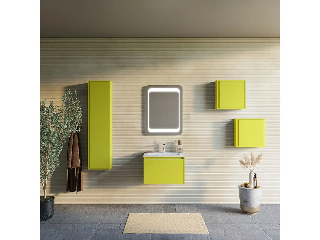 Meuble De Salle De Bains Vert Olive 60 Cm, Lavabo En Céramique Et Miroir | Monaco