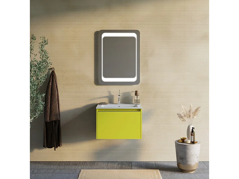 Meuble De Salle De Bains Vert Olive 60 Cm, Lavabo En Céramique Et Miroir | Monaco