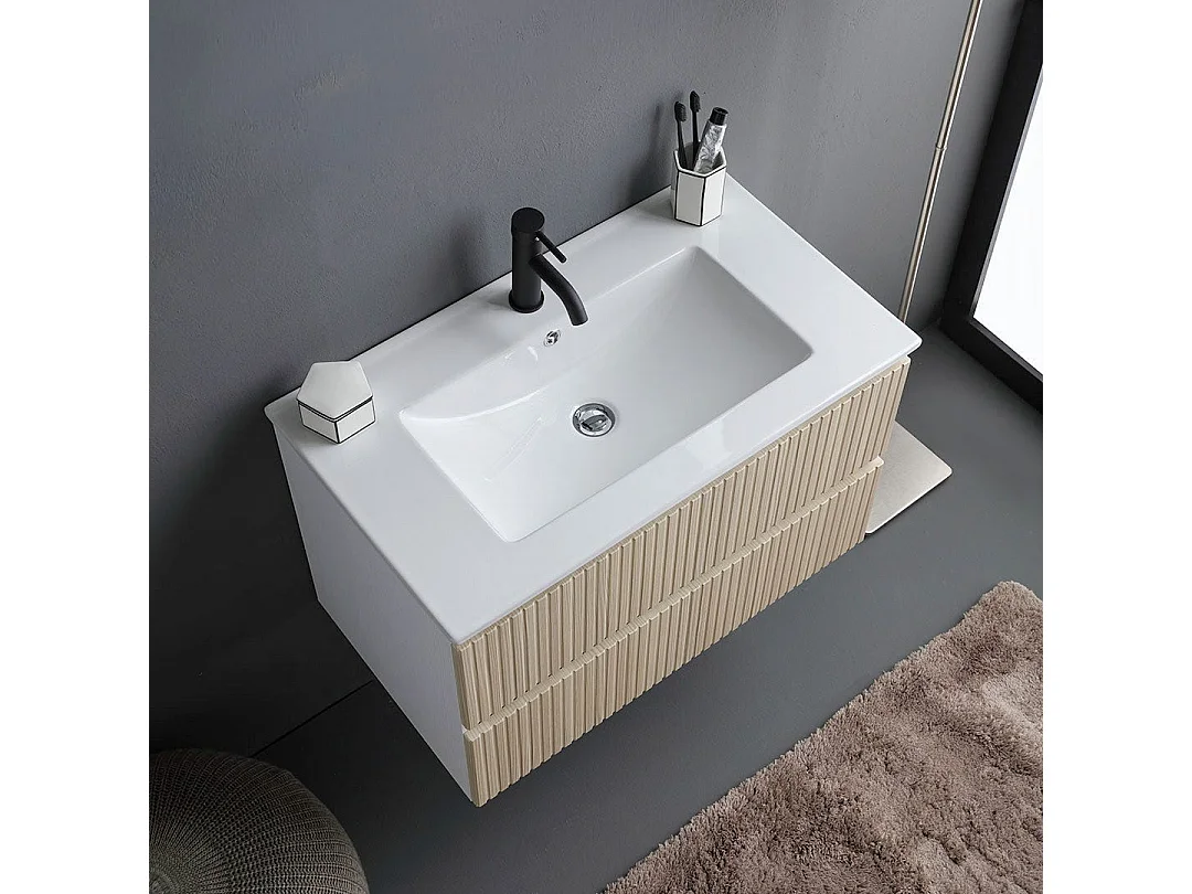 Meuble Salle De Bain Suspendu 80Cm Blanc Avec 2 Tiroirs Chêne Cannelé | Bilbao