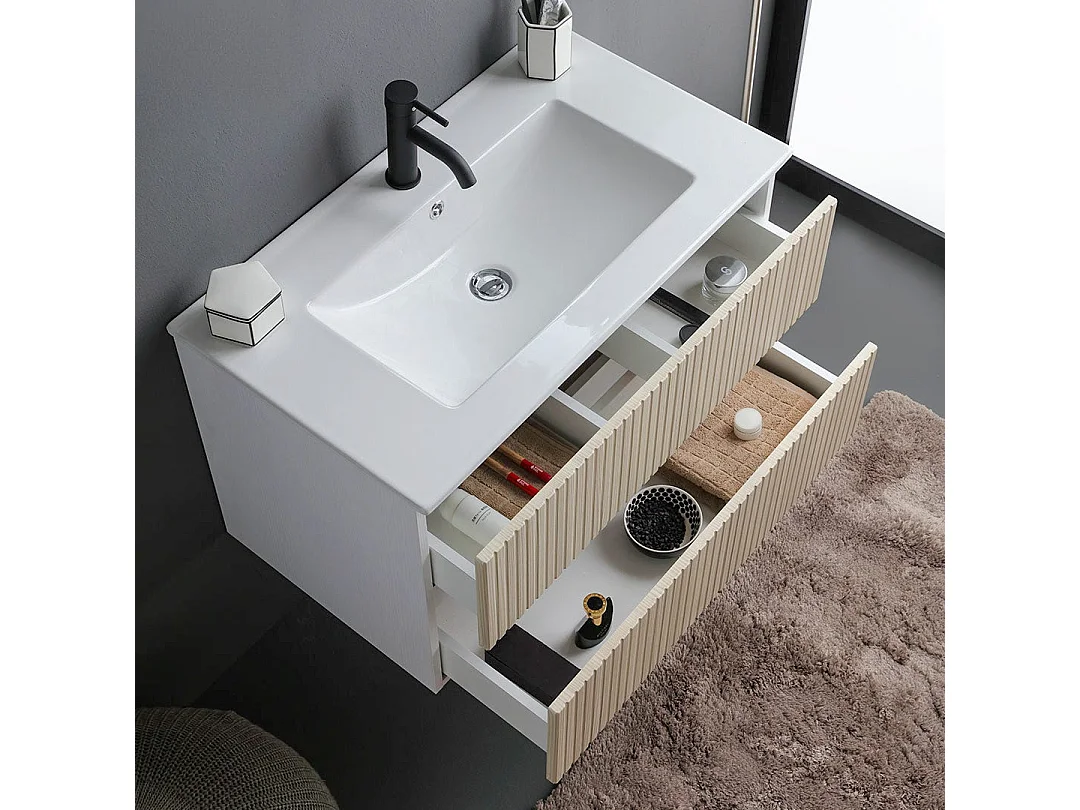 Meuble Salle De Bain Suspendu 80Cm Blanc Avec 2 Tiroirs Chêne Cannelé | Bilbao