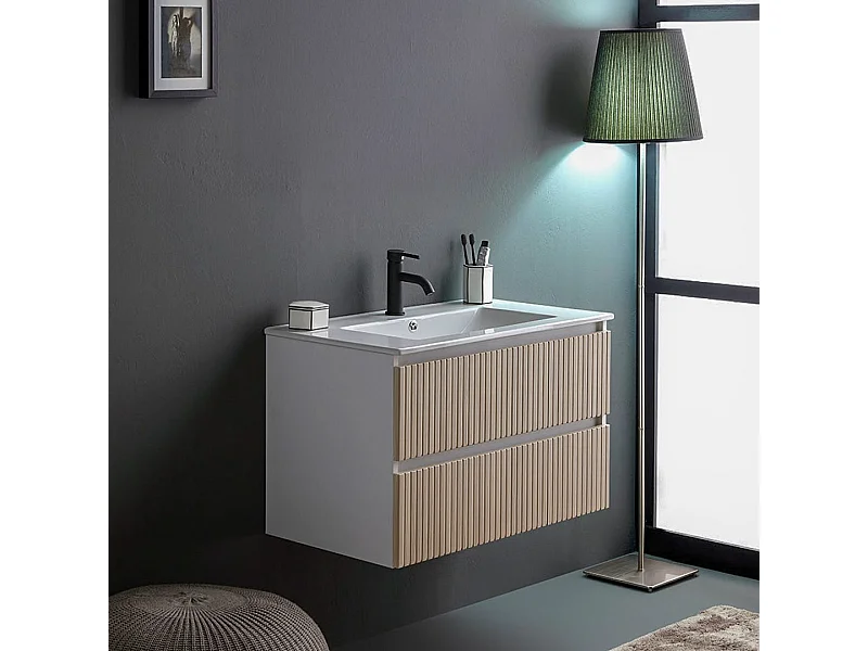 Meuble Salle De Bain Suspendu 80Cm Blanc Avec 2 Tiroirs Chêne Cannelé | Bilbao